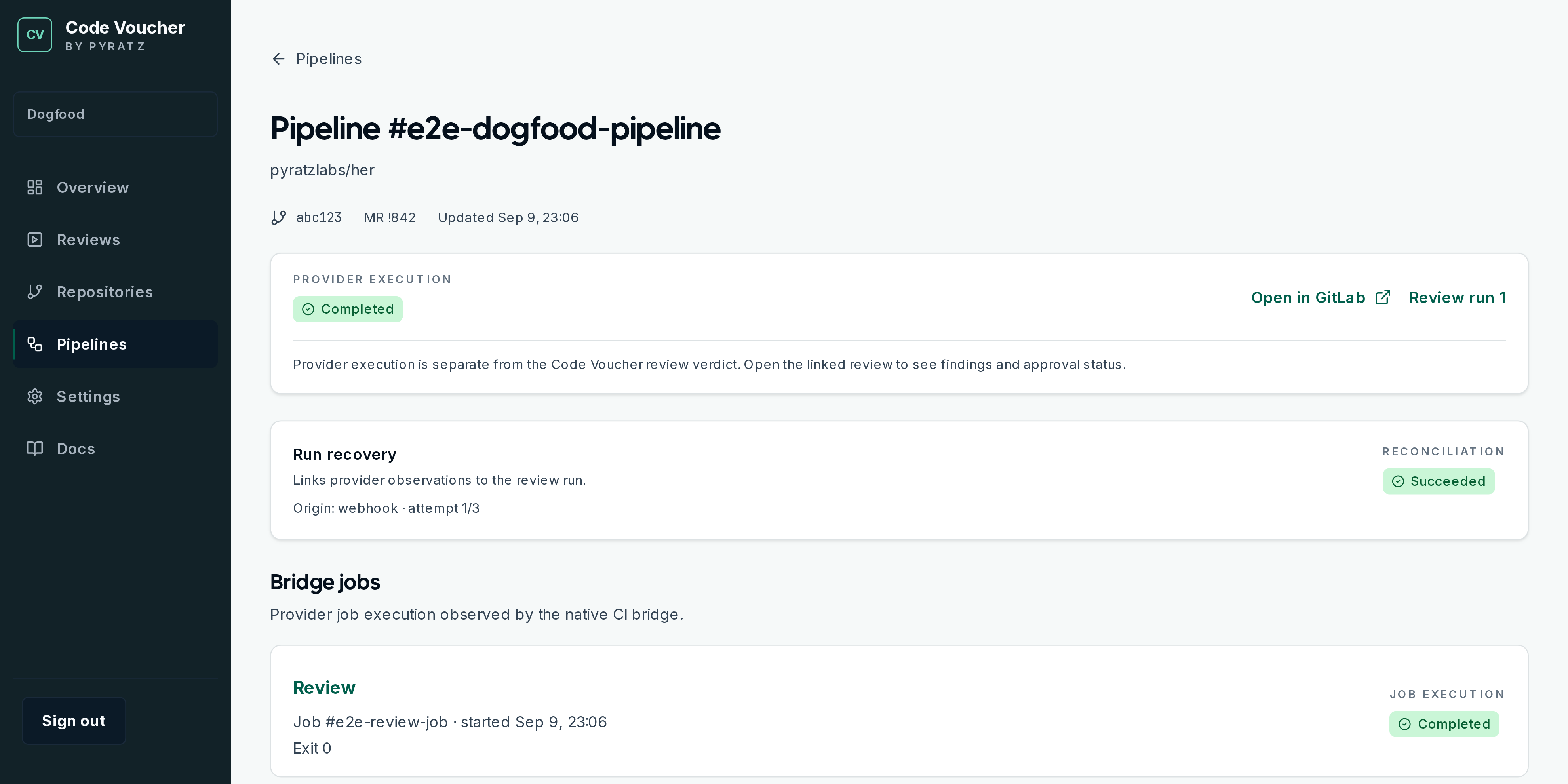 Code Voucher pipeline detail showing review and agentic QA stages